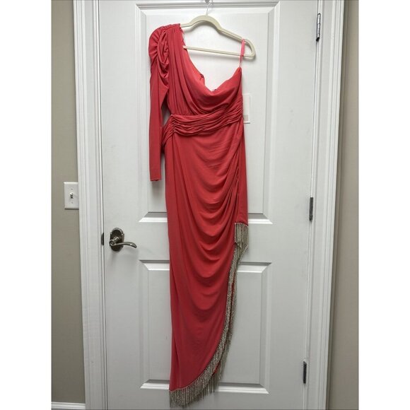 Mac Duggal Size 16 W Pink 76989 One Shoulder Beaded Fringe Cut Out Gown Dress - Picture 4 of 10